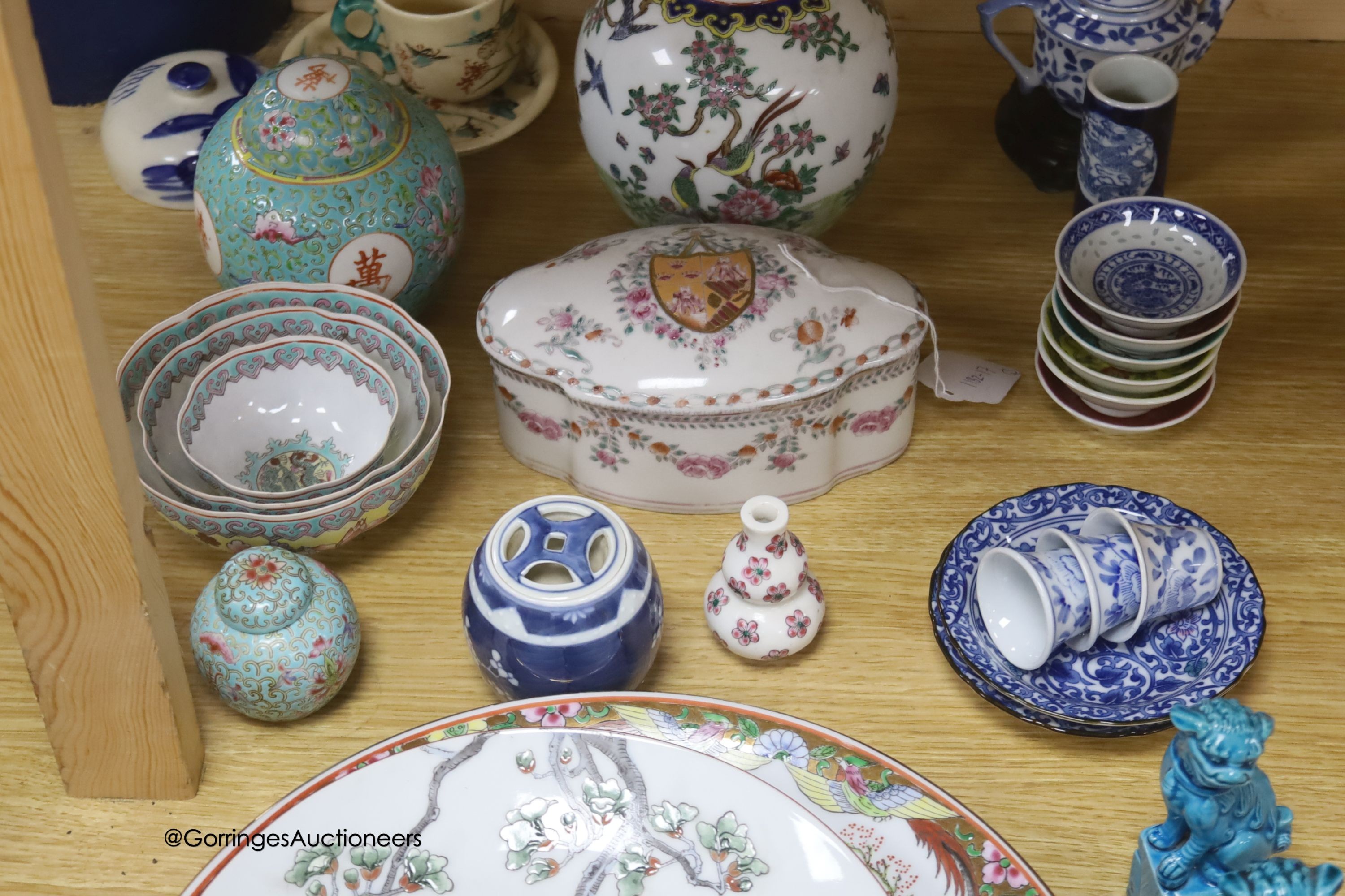 A group of Chinese porcelain figures, dishes, vases, etc. and a brass box